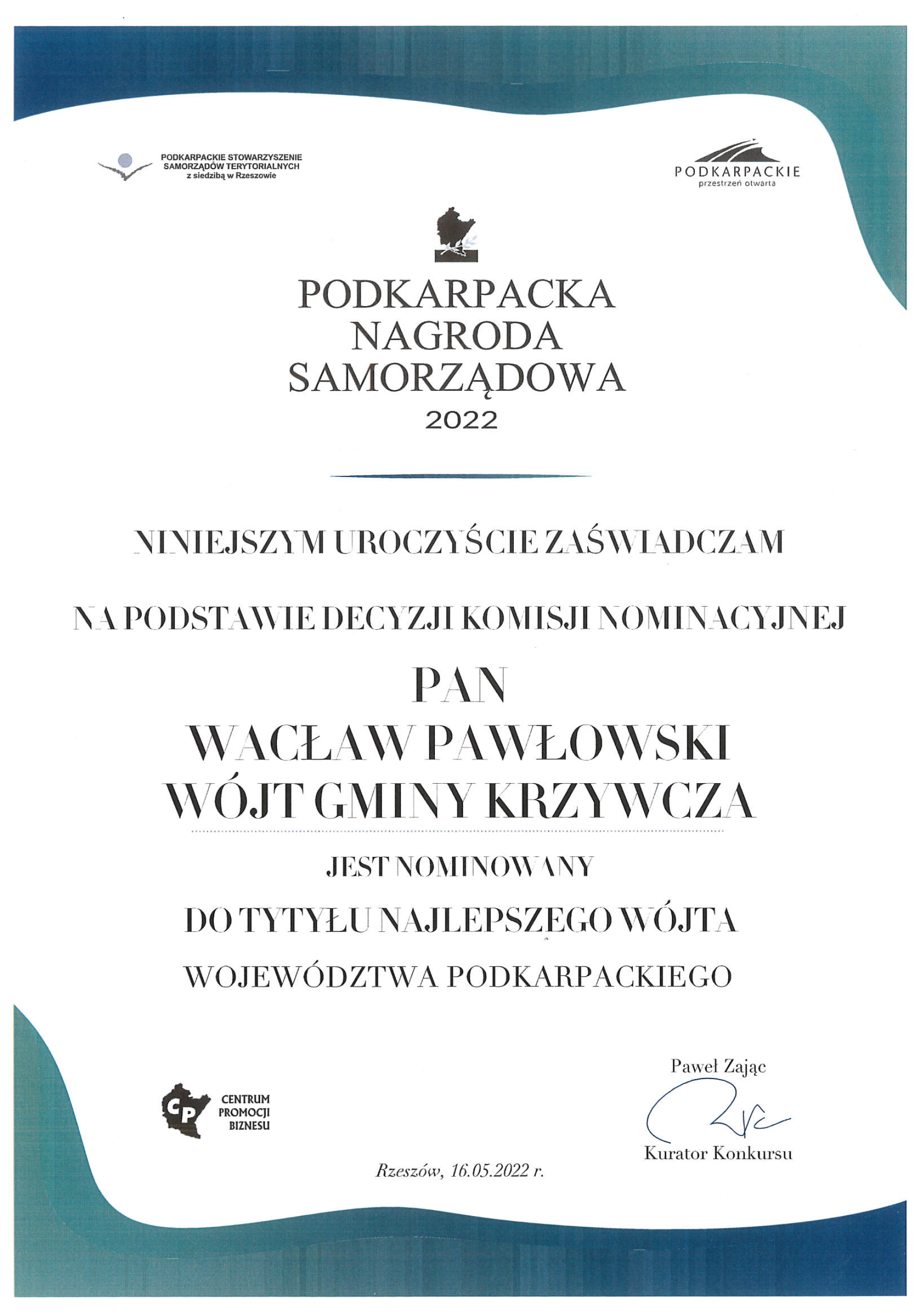 Nominacja do tytułu najlepszego wójta dla Pana Wacława Pawłowskiego