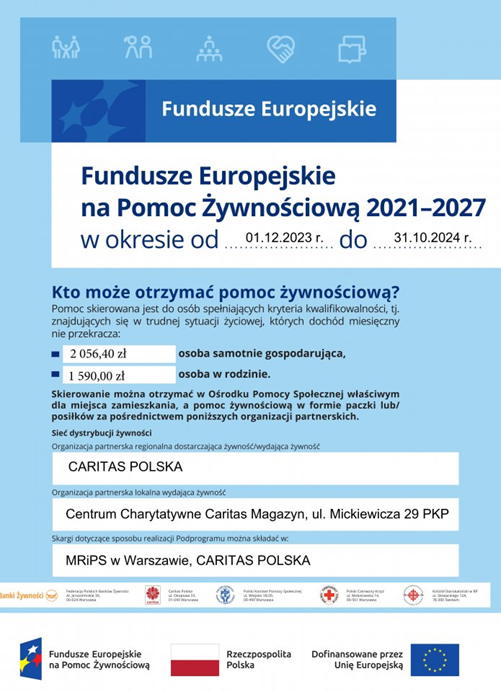 Plakat Fundusze Europejskie na Pomoc Żywnościową 2021-2027 w okresie od 01.12.2023 r. do 31.10.2024 r.