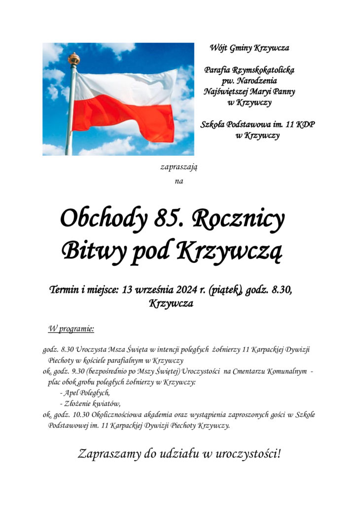 Zaproszenie na Obchody 85. Rocznicy Bitwy pod Krzywczą