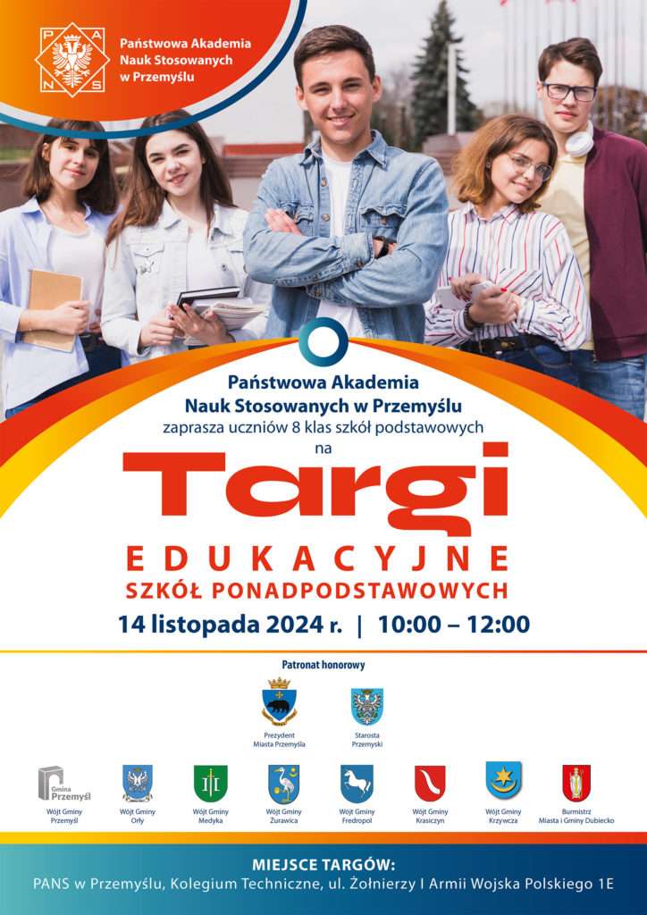 Plakat Państwowej Akademii Nauk Stosowanych w Przemyślu zapraszający uczniów klas 8 szkół podstawowych na Targi Edukacyjne Szkół Ponadpodstawowych w dniu 14 listopada 2024 r. w godz. 10:00-12:00