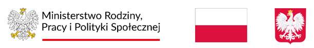 trzy loga: z lewej orzeł na białym tle, złota korona, złote nóżki obok napis Ministerstwo Rodziny, Pracy i Polityki Społecznej, pośrodku w prostokącie flaga polski, biało-czerwona, z prawej strony godło polski biały orzeł w złotej koronie na czerwonym tle.