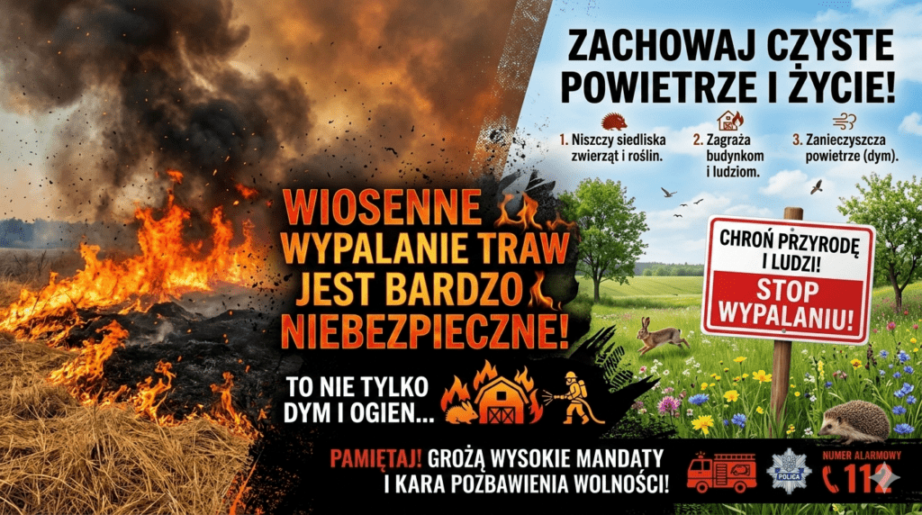 Baner informujący o zakazie wypalania suchych traw