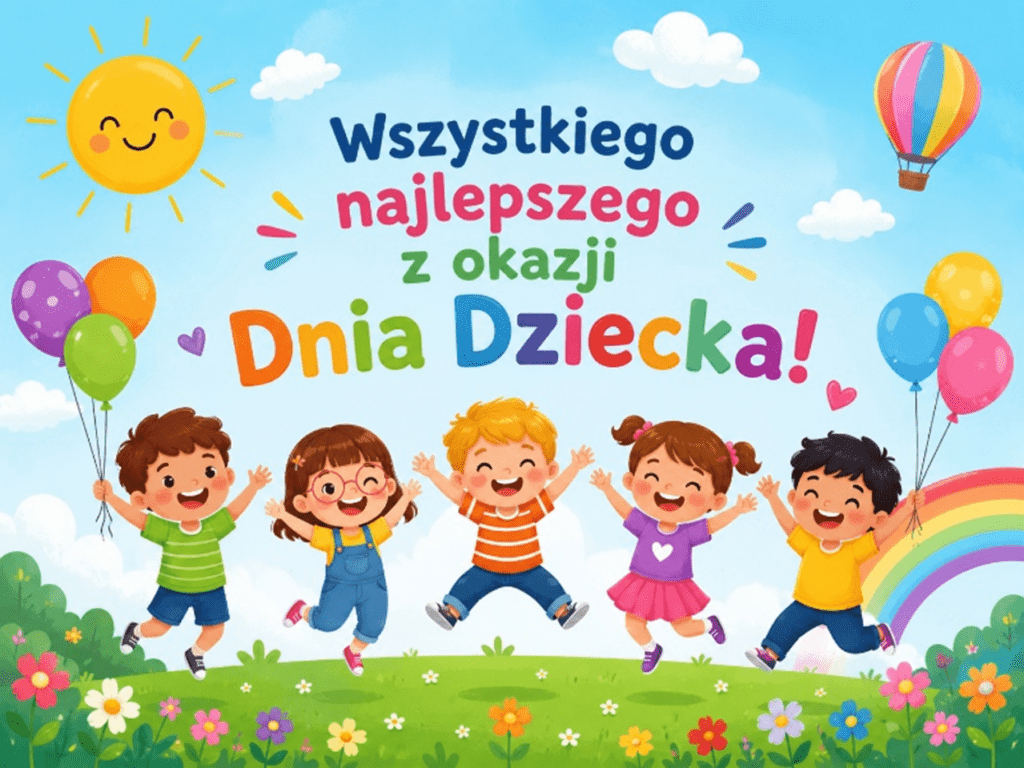 Plakat z okazji "Dnia Dziecka". Przedstawia pięcioro dzieci podskakujących a nad nimi napis" Wszystkiego najlepszego z okazji "Dnia Dziecka".