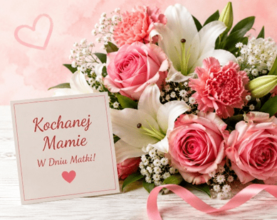 Obrazek z kwiatami.
U dołu po lewej stronie czerwony napis "Kochanej Mamie W dniu Matki!"