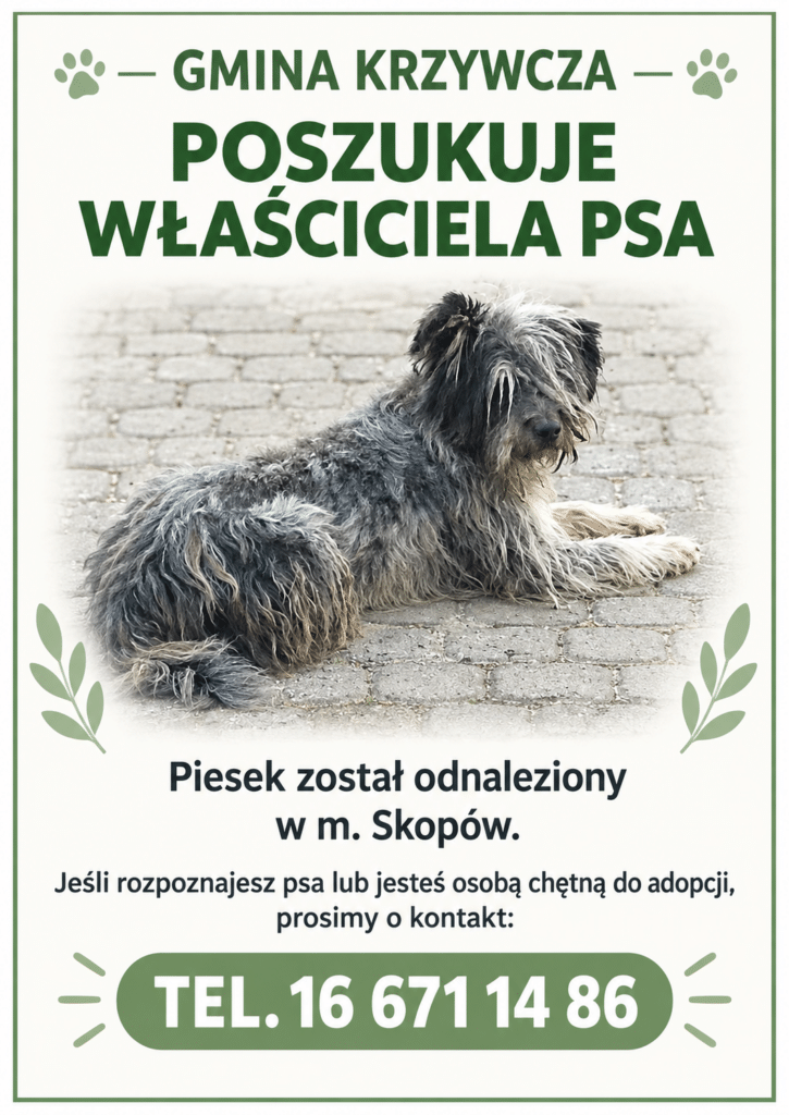 U góry tekst: Gmina Krzywcza poszukuje właścicela psa, 
poniżej zdjęcie odnalezionego  psa.